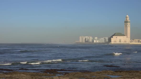 Hassan II Mosque in Casablanca and Ocean Waves