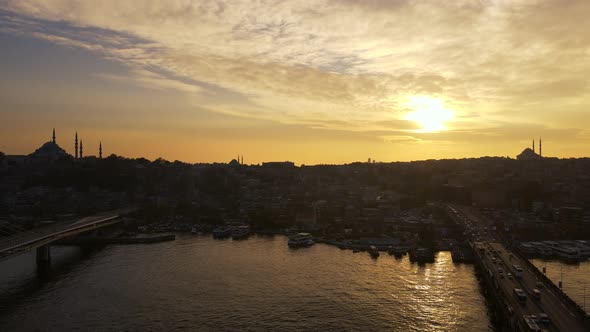 aerial view in istanbul golden horn with amazing sunset