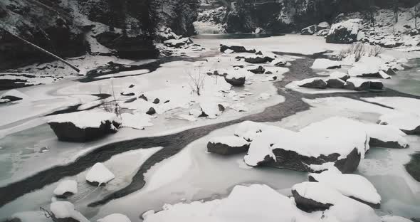 Aerial Slow Motion of Mountain River Flow at Ice Shore