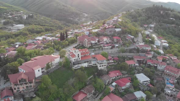 Aerial view of beautiful city of love Sighnaghi. Georgia 2019 spring