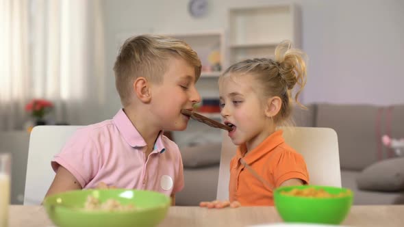 Male and Female Kids Eating Chocolate Together, Brother Sharing Sweets Sister