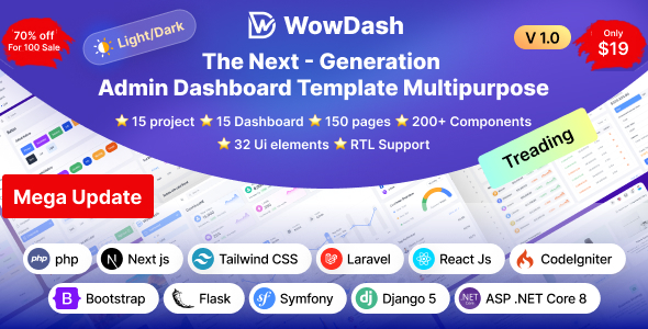 WowDash - Tailwind, Bootstrap, React, Next, Node JS, Django, Php, Laravel ASP.net Admin Dashboard