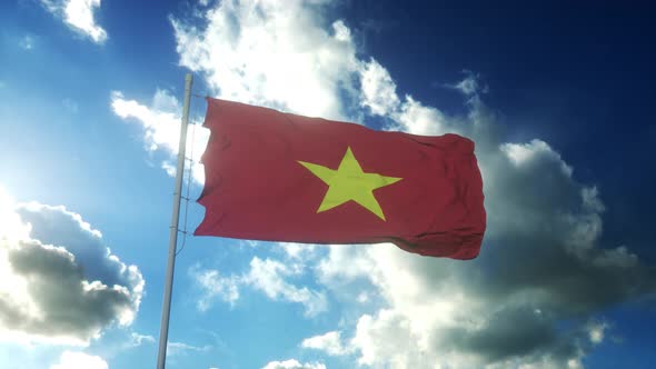 Flag of Vietnam Waving at Wind Against Beautiful Blue Sky