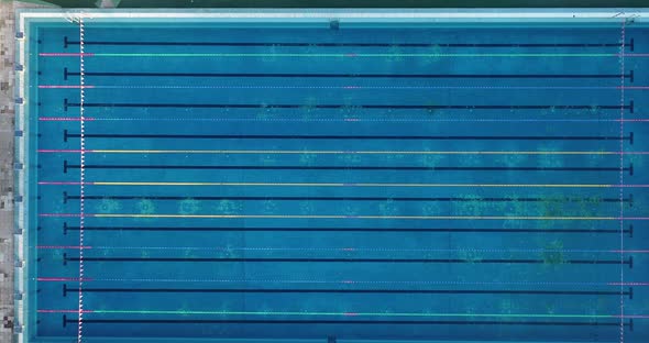 Top down view of public swimming pool. Empty swimming pool with swim lanes