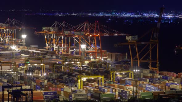 Timelapse Container Terminal in Tokyo Harbour at Night