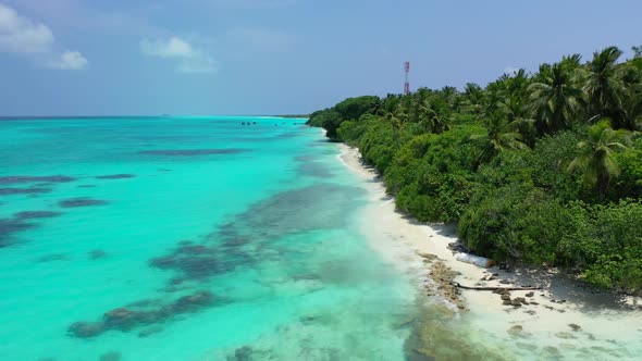 Aerial drone view panorama of perfect coast beach break by blue ocean and white sand background of a