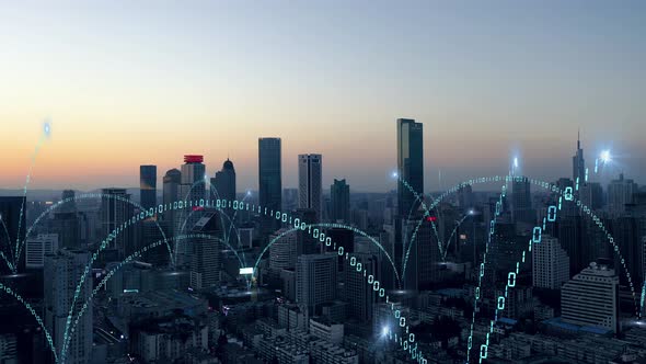 smart Connected city skyline. Futuristic network concept, city Technology.