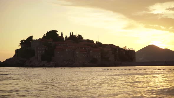 Sveti Stefan Is a Tourist Town By the Sea. Montenegro. Evening