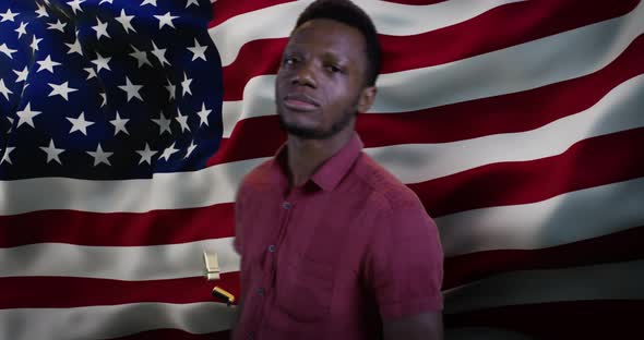 Happy Black Guy Near USA Flag and 4Th July Independence Day Inscription
