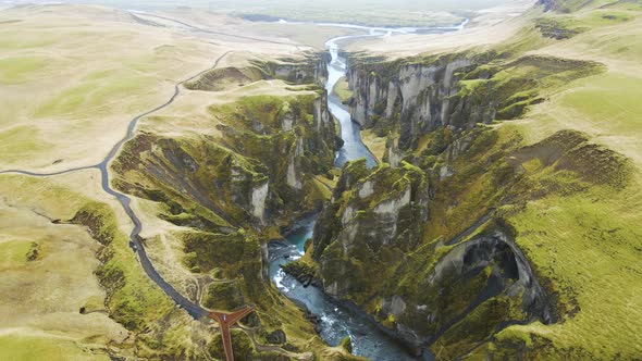 Fjadrargljufur canyon in South Iceland - aerial drone shot