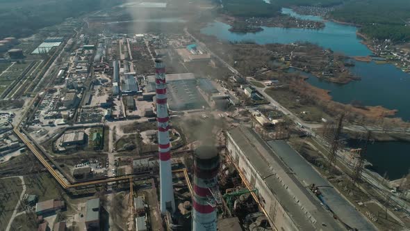 Aerial View of Smoking Chimneys of CHP Plant, Coal-fired Power Station