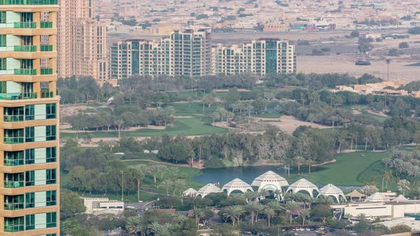 Landscape of Green Golf Course with Trees Aerial Timelapse