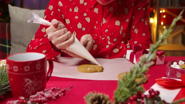 Female Hands Decorate the Traditional Christmas Cookies with Icing