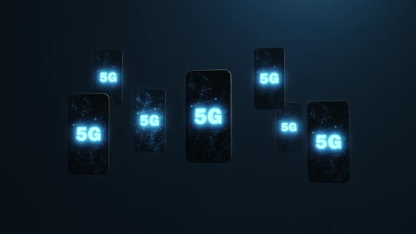 phones levitating in space with the inscription on the display 5g