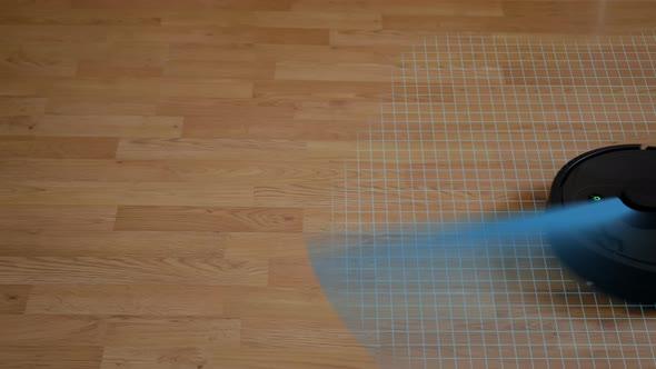 Room Scan Animation of Black Robot Vacuum Cleaner Turns on and Starts Cleaning the Floor