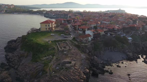 View From a Height of the City of Sozopol with Houses and Boats Near the Black Sea