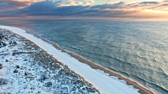 Snowy Hel peninsula. Winter at Baltic Sea. Aerial view, Poland