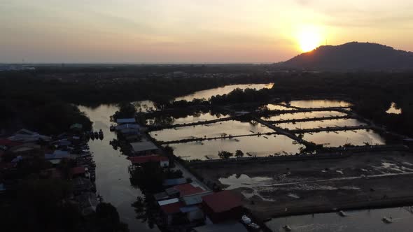 Drone view sunset of fishing village