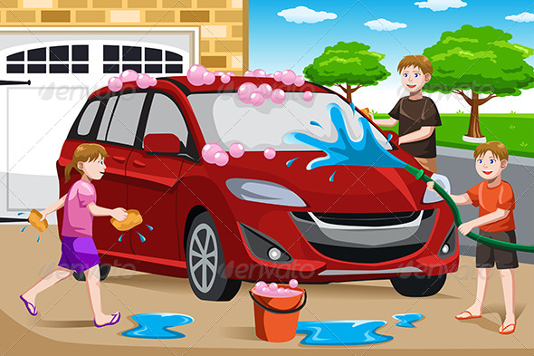 Father and his Kids Washing Car