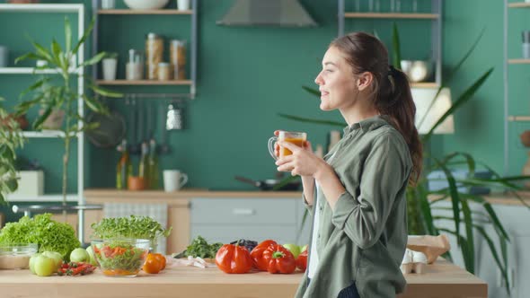 Happy Young Woman Enjoying Freshsqueezed Juice Using Organic Products in Modern Kitchen at Home