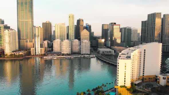 Amazing Drone Aerial View of Downtown Miami and Brickell Key at Dawn Florida