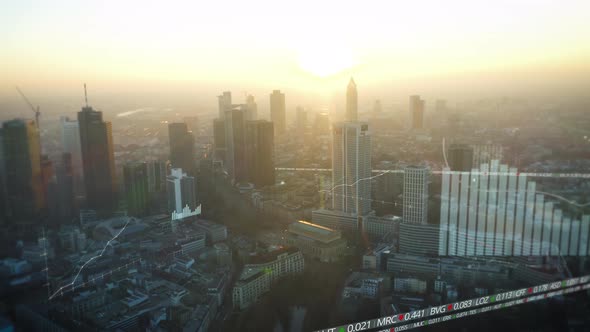 Aerial Panoramic View of High Rise Business Downtown Buildings Against Glowing Sunset Sky