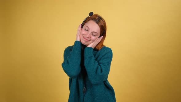 Young Red Hair Woman Posing Isolated on Yellow Color Background Studio