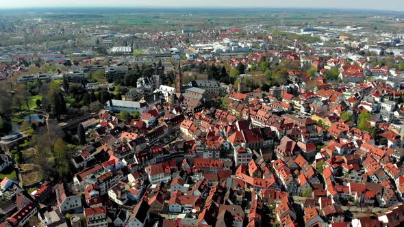 Beautiful flight over the fortress and park in the center of Weinheim. Germany.