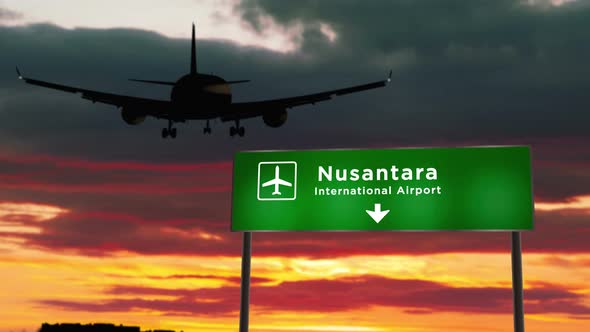 Plane landing in Nusantara Indonesia airport