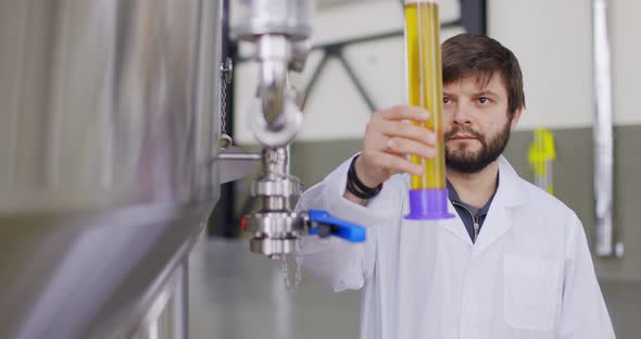 Men Testing Quality of Fresh Beer in a Brewery