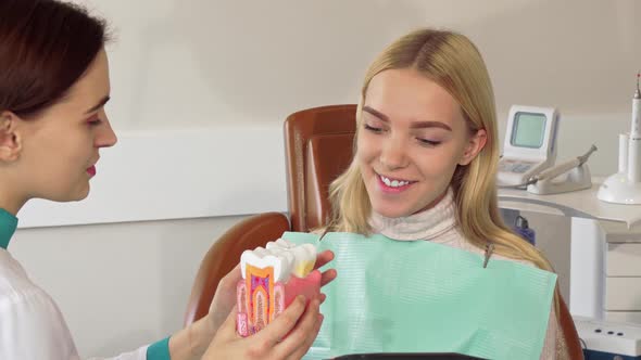 Lovely Young Woman Talking To the Dentist at the Clinic