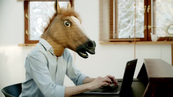 Business Man with Horse Mask Working at Home Office Video Call