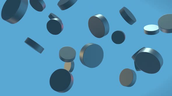 Metal Round Pills Falling in 3d Space on Light Blue Background