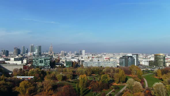 Timelapse of Warsaw skyline with dense traffic and polluted air, smog caused by coal heaters and tra