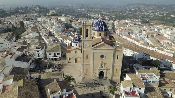 Iconic Nuestra Señora del Consuelo blue mosaic dome church, Altea; aerial