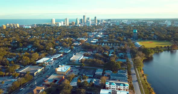 4K Aerial Video of Downtown Skyline along 4th Street North in St Petersburg, FL
