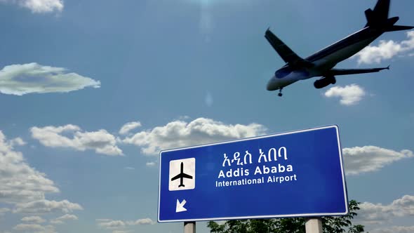 Airplane landing at Addis Ababa Ethiopia airport