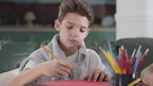 Close-up Portrait of Brunette Caucasian Schoolboy Sitting at the Table and Studying