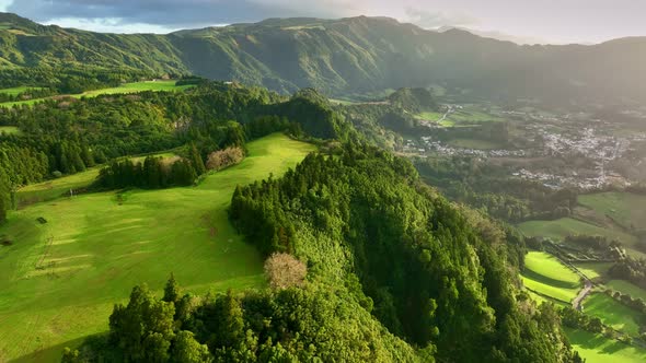 Aerial Shot of Green Meadows and Hills of Azores
