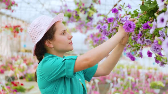 Side View of a Diligent Greenhouse Worker Who Takes Care of Flowers Woman Picks Off Dry Petals