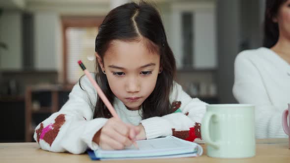 Confident Asian girl writing in notepad alt