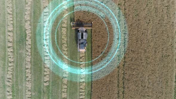 Electric Combine Harvester Removes Oats View From Height Tracking GPS System HUD Motion Graphics