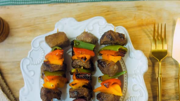 Marinated Beef Kebabs with Vegetables Prepared on the Grill