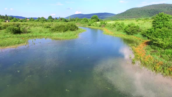 Aerial view of Jesenica river and surrounding in Croatian region Lika.