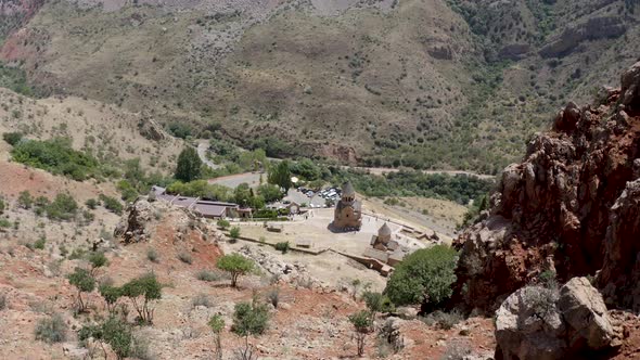 Amazing view, drone slowly fly to a famous Noravank Church in Armenia, Caucasus. 