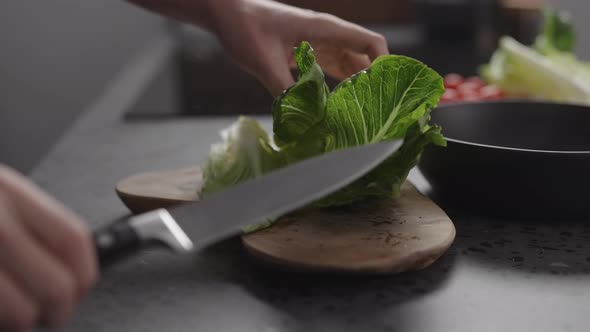 Slow Motion Man Hand Put Romaine Lettuce on Wood Board To Make Salad