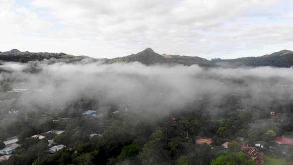Low cloud cover over town of Valle de Anton in central Panama located in extinct volcano crater, Aer