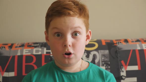 Little Red-haired Boy Sitting on the Sofa and Looking Into Camera with Shocked Expression. Close Up