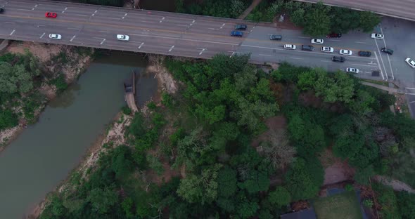 Aerial view of the Buffalo bayou that runs through the city of Houston