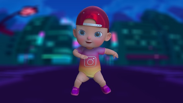 Cartoon Baby dances in Instagram outfit.